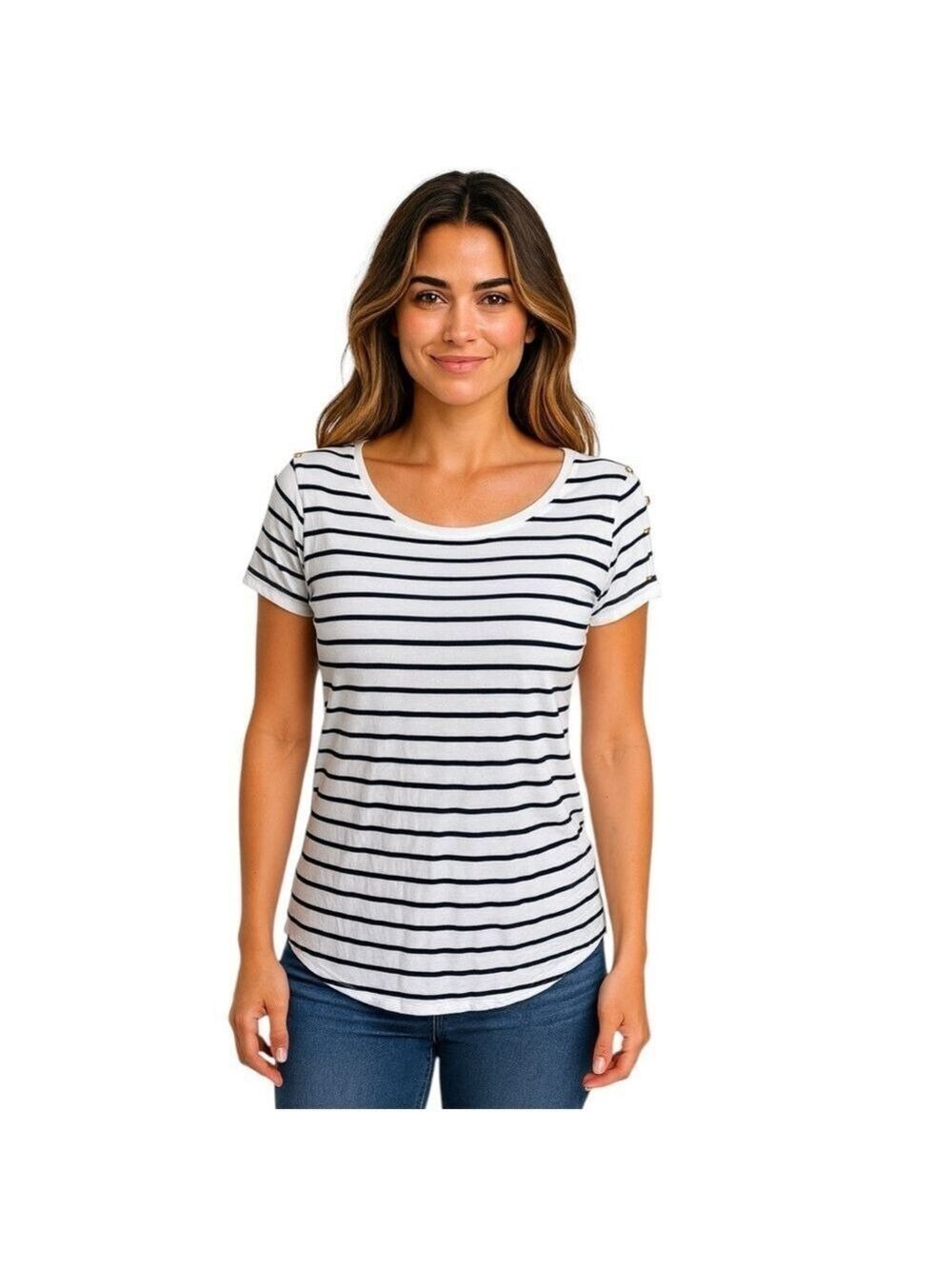 White House Black Market Women's XS Short Sleeve Blouse White Black Stripe